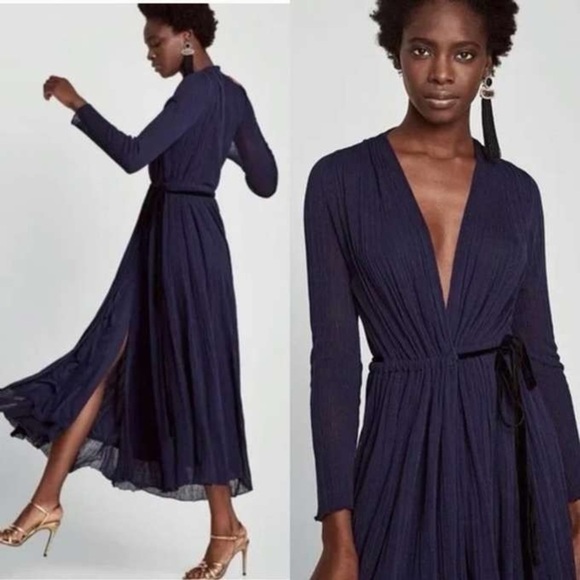 Zara Crossover Wrap Long Dress Velvet Belt Midnight Blue Size Small - Picture 1 of 15